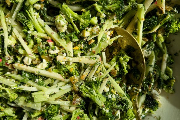 Whole Broccoli Slaw with Golden Raisins, Feta, Toasted Pistachios, and Herbs