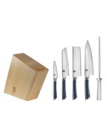 Shiranami 6-Piece Block set featuring a blonde block, four Shiranami knives, and a metal handled honing steel.