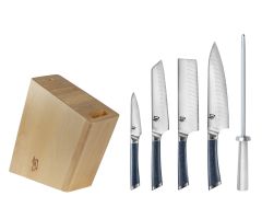 Shiranami 6-Piece Block set featuring a blonde block, four Shiranami knives, and a metal handled honing steel.