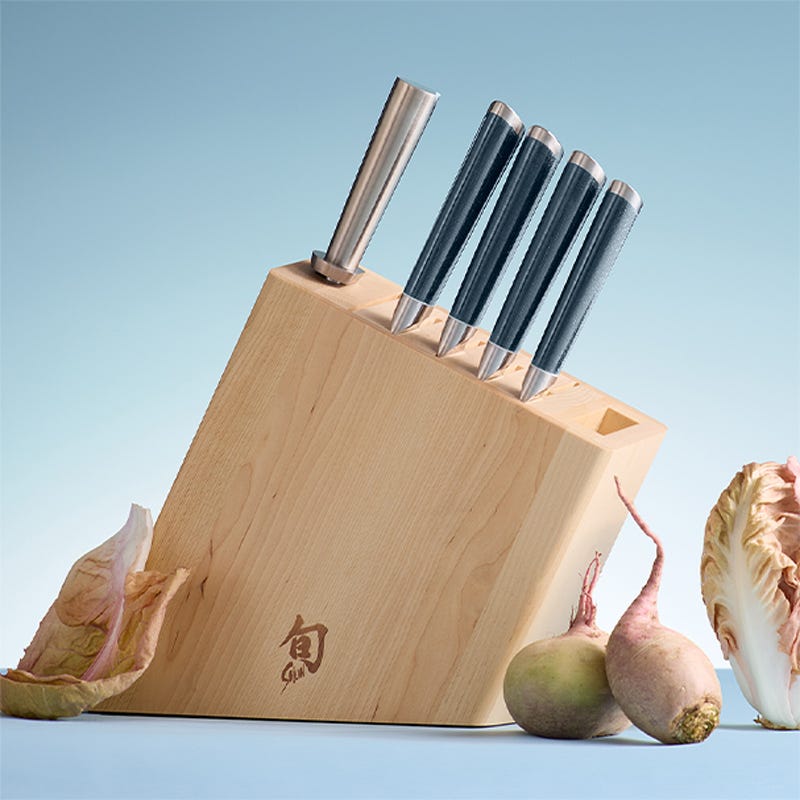 Shun Shiranami 6-piece knife block set with birch wood block and Prussian blue micarta handles