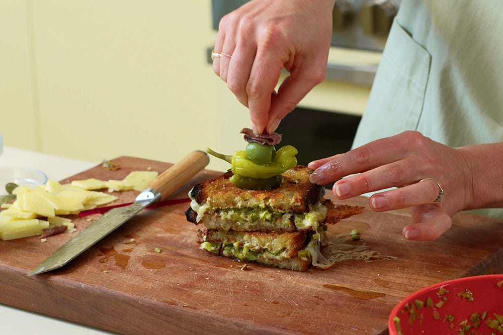 Close up of Molly Baz's Gilda Grilled Cheese sandwich.