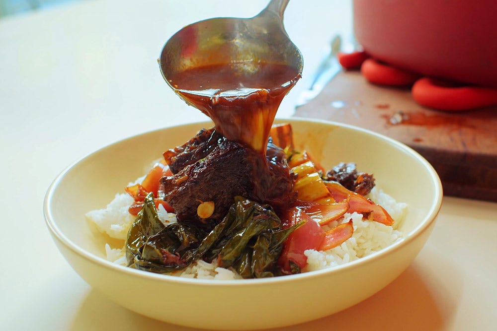 Close up of Molly Baz's Hot Sauce Braised Short Ribs - click for the recipe page.