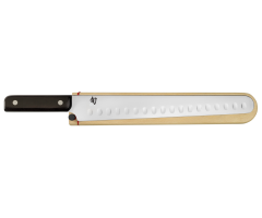 The profile image of the DM0778 Shun Classic 12" Hollow Ground Brisket Knife and its wooden saya.