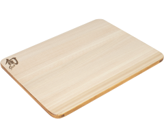 Small Hinoki board with urushi edge angled view showing urushi edge
