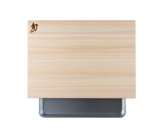 Hinoki Cutting board with metal tray top view showing tray partially pulled out