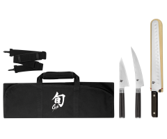 The profile image of the three knives and knife roll included in the DMS0450 Shun Classic 4-Piece BBQ Set/