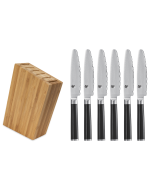 The profile image of six Ultimate Steak Knives and the bamboo steak knife block which make up this set.