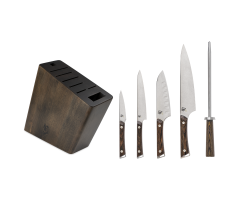 Kanso 6 pc block set components profile image. 8 slot dark block, Paring knife, Utility knife, Santoku, Chef's knife, Honing Steel