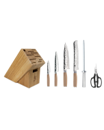 The profile image of the TDMS0700W Shun Premier Blonde 7-Piece Essential Block Set, showing the four knives, honing steel, herb shears, and block that are a part of this set.
