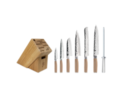 The profile image of the TDMS0808W Shun Premier Blonde 8-Piece Professional Block Set, showing the six knives, honing steel, and bamboo block included in the set.